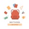 New normal concept for back to school. Student backpack with stationery, notepad, books, pencil, face mask and hand