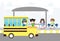 New normal lifestyle concept Back to school, happy cute diverse Kids and Different nationalities wearing medical masks at the bus
