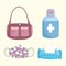 New normal, medical mask tissue paper alcohol and bag icons