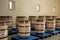 New oak empty barrels in harvest Bordeaux wine cellar