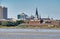 New Orleans famous church spires of the Cathedral Basilica of Saint Louis from Mississippi River under sunny blue sky in the