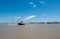 NEW ORLEANS, LOUISIANA - APRIL 10, 2016: Cityscape of New Orleans with Mississippi river. Boat Pouring Water during the French Qua