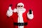 New pay opportunity. Photo of pensioner old man grey beard hold credit card telephone smile empty space wear x-mas santa