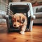 New puppy arrives to new home in pet carrier