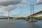 The new Queensferry Crossing bridge over the Firth of Forth with the older Forth Road bridge in Edinburgh Scotland