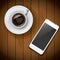 New realistic mobile phone smartphone mockup template with coffee cup on wood background
