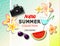 New summer collection sale banner. Exotic tropical background with place for text, flowers, sunglasses, watermelon, camera and sum