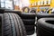 New tires, Car tires at warehouse. Car tires, Automobile industry