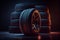 New tires pile on a dark background. Tire fitting background. stack of car tires. Copy space.