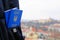 New ukrainian blue biometric passport with identification chip on against town background