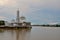 New under construction Islamic floating mosque with two domes at Sarawak river waterfront Kuching Malaysia