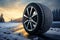 New winter car tires in pristine condition, set against snowy roadscape