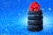 New winter tires pile as a gift. Tyres pile with a big red bow, as a present or bonus for buying a car. Banner with copy space