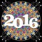 New year 2016 party billboard with pied mosaic mandala on black background.