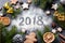 New year 2018 greeting card or background with festive holiday decorations