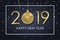 New Year 2019 card with gold Christmas ball, numbers, frame and golden confetti. Holiday banner. Vector.