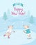 New year 2019 card with skating pair piglets on the winter landscape