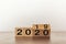 New year 2019 change to 2020. Wooden cubes with copy space