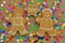 New Year 2019. Gingerbread dolls on a wooden board. New Year greetings.