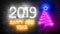 New Year 2019. Neon shapes with lights.