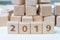 New year 2019, review or resolution concept, cube wooden block w