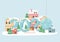 New year 2020 greeting card decorative town lights trees and snow