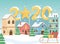 New year 2020 greeting card town sled gifts snow and hanging star