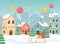 New year 2020 greeting card village houses sled gifts snow balls and stars