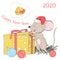 New year 2020. Postcard with a funny little mouse in a Santa hat climbs into a gift box.