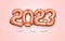 New Year 2023 golden pink balloons on white background