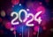 New Year 2024 background with silver inflated balloon numbers with blue and purple defocused lights