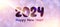 New Year 2024 horizontal banner with numbers on bright purple textured background with blurred round sparkles and sun lights