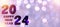 New Year 2024 horizontal banner with numbers on bright purple textured background with blurred round sparkles and sun lights