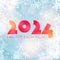 New Year 2024 numbers on blue winter background with beautiful lights and snowflakes