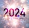 New Year 2024 numbers on bright purple background with flying firework light particles
