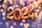 New Year 2024 numbers made of inflated foil balloons on purple background with blurred golden light particles and sun rays