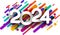 New Year 2024 paper numbers for calendar header on colorful background made of multicolored rounded lines