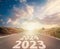 New year 2024. Text year 2023, 2024, 2025 written on the road. Concept of planning, goal, challenge, new year resolution