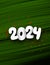 New Year 2024 white numbers on green textured background with red foil confetti