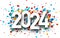 New Year 2024 white paper numbers with shadows on colorful confetti