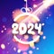 New Year 2024 white rounded numbers for calendar header in christmas bauble on clean bright blue background with defocused light