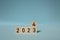 New Year 2024. wooden blocks of 2024 on a blue background