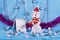 New year adventures of a merry red snowman on a blue stage