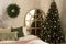 New year background. Cozy Christmas loft room interior. Lighting, candles and indoor hot lighting, garlands, Christmas trees with