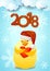 New Year background with cute chick, heart and Santa hat