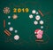New year background with festive biscuits, decor and a symbol of 2019 - pig greeting card, greetings - concept