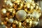 New Year background. New Year`s round golden balls. Christmas balls close up picture. Three golden christmas sparkling