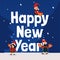New Year banner or card with funny elves or gnomes, flat vector illustration.