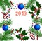 New Year banner. Christmas tree branches, holly branches, Christmas tree decorations, confetti, ribbons, text 2019