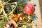 New Year baubles on decorated Christmas Tree with blurred background